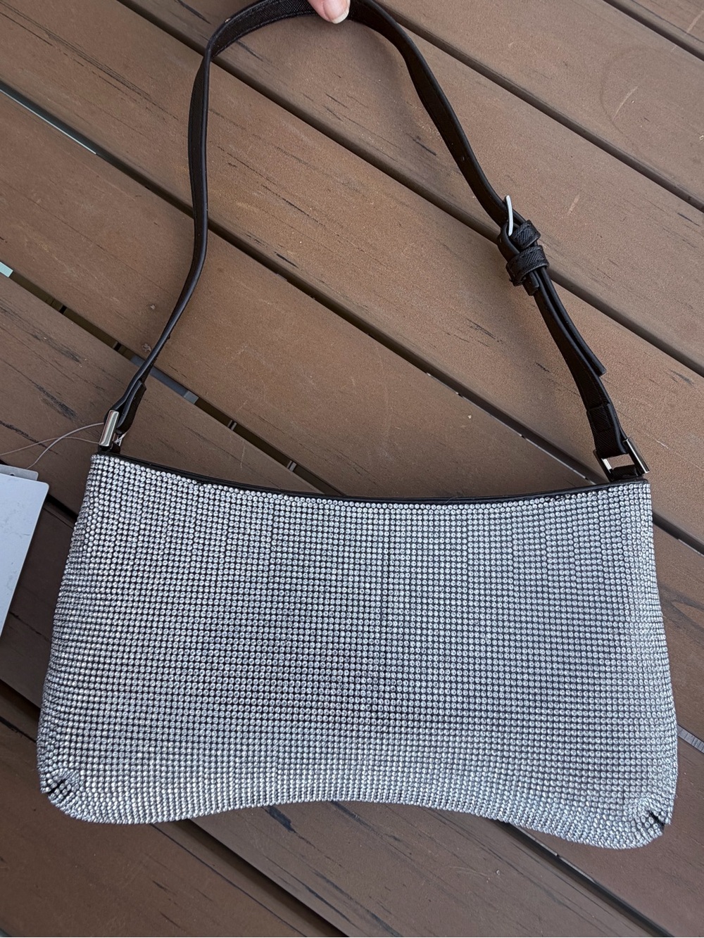 Silver Crystal Shoulder Bag with Black Strap